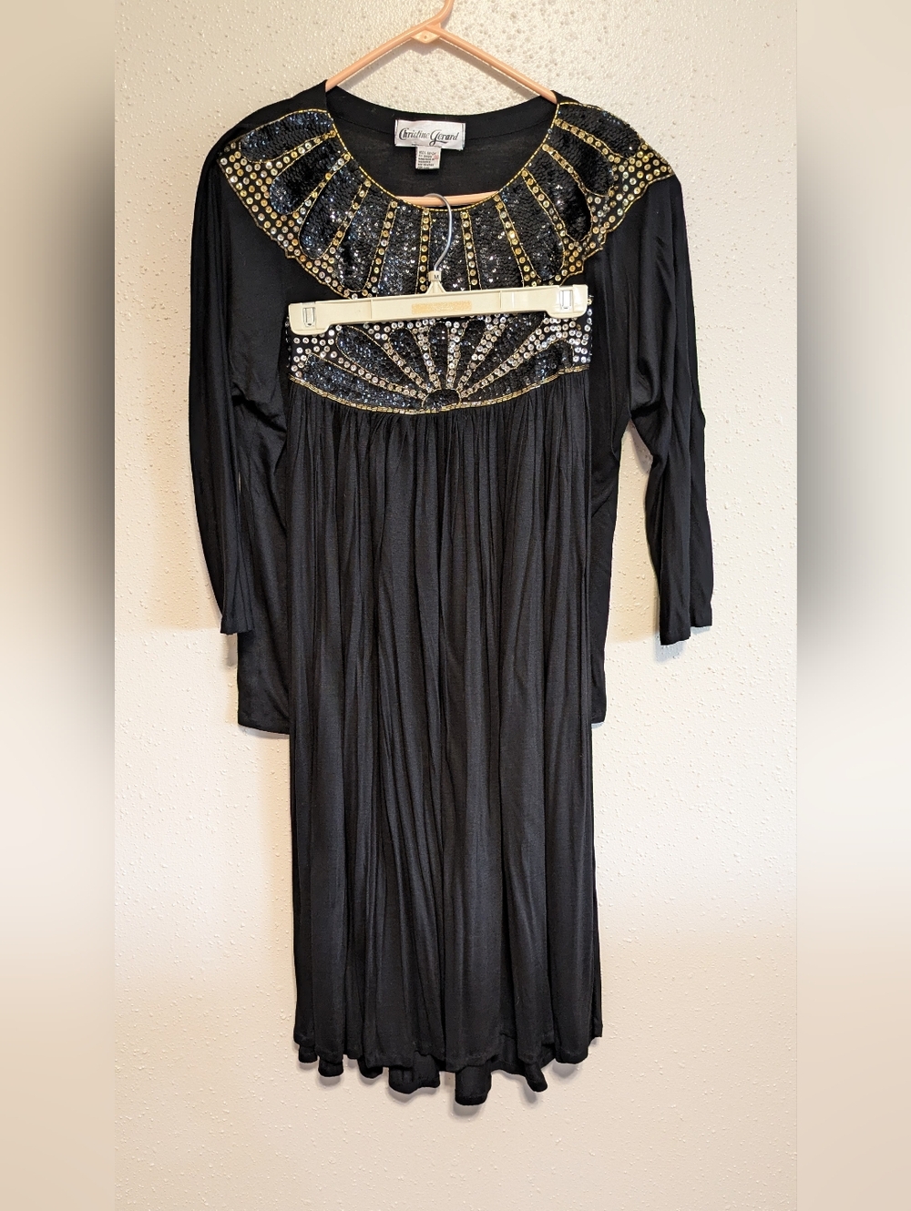 80s Vintage Christine Gerard Black Rayon Skirt Set Gold Sequin Embellished Sz S